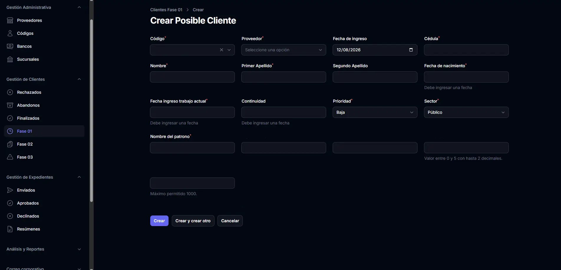 CRM registration form for administrative data entry