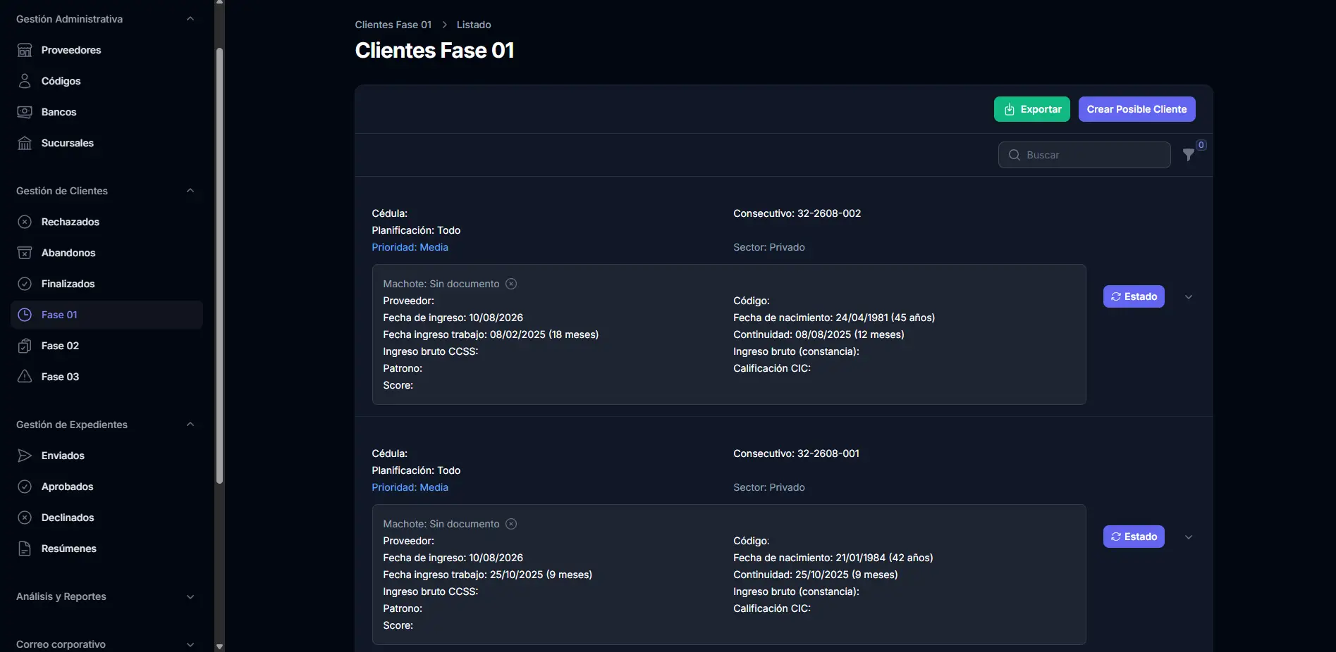 Customer workflow view organized by CRM stages