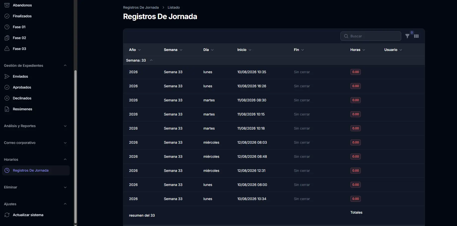 Administrative work-session records in the CRM